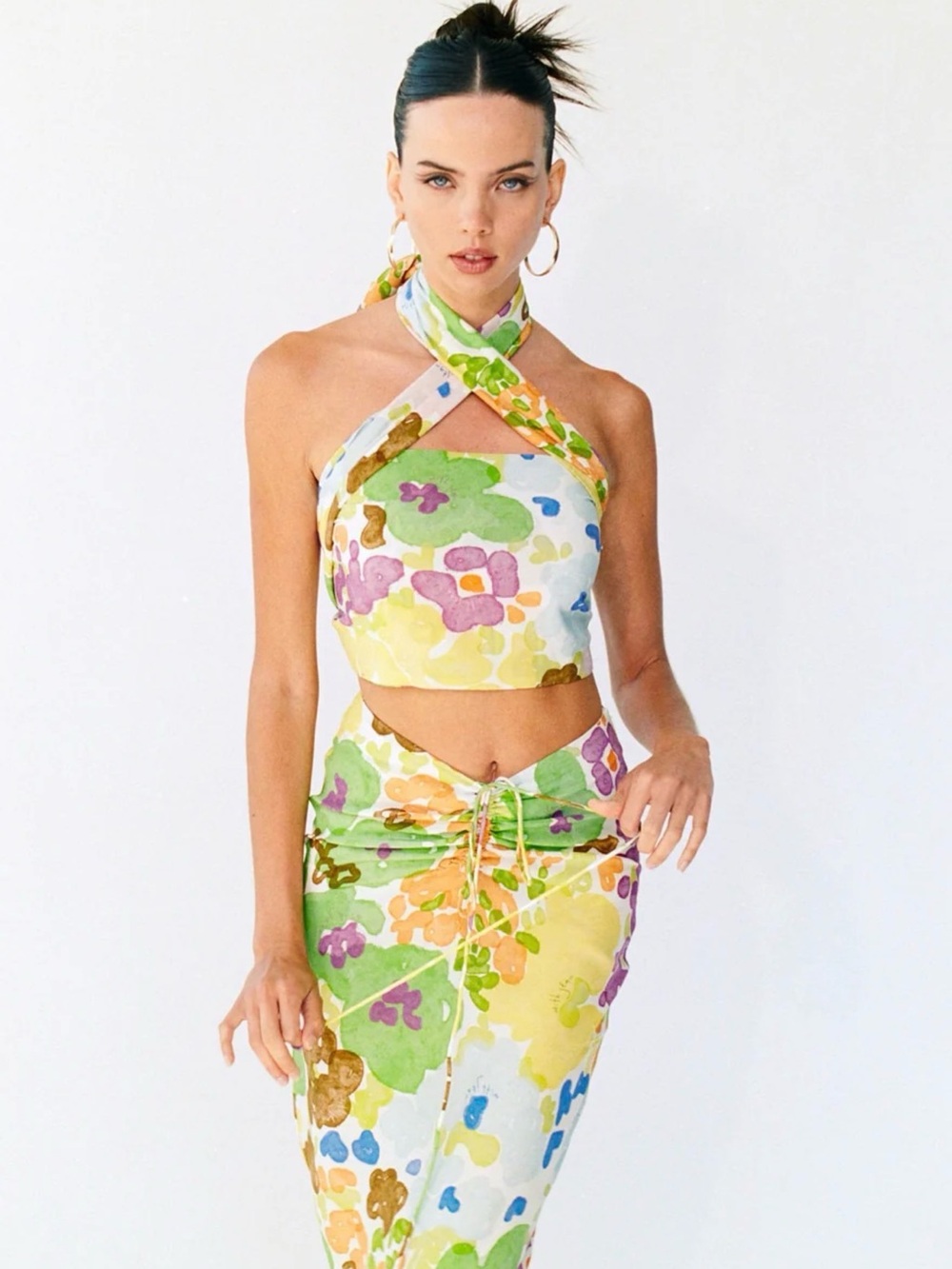 With Jean Floral Midi Skirt and Halter Top in Pastel Green, Yellow, Purple